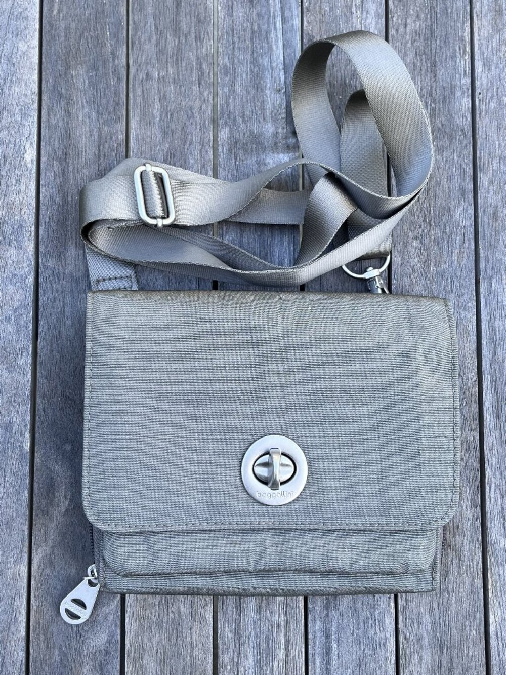 Baggallini Madrid Flap Nylon Crossbody Sterling Shimmer Gray Taupe Shoulder Bag